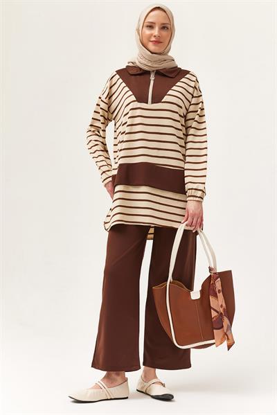 Fermuarlı Çizgili Gömlek Yaka Takım Kahverengi