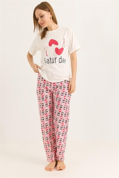 Bisiklet Yaka Beli Lastikli Pijama Takım Pembe
