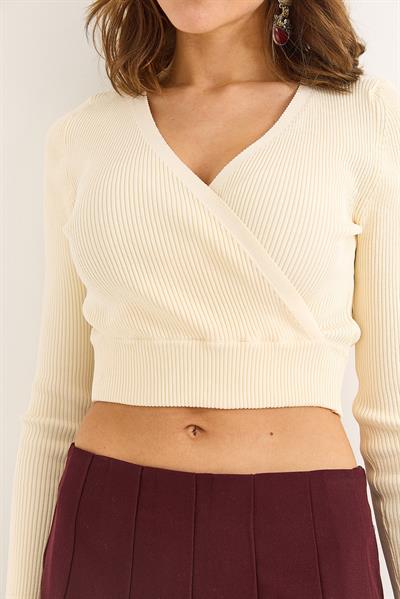Kadın Kruvaze Yaka Uzun Kollu Şık Crop Triko Bluz Bej