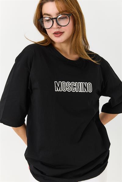 Kadın  Yazı Baskılı Bisiklet Yaka Tshirt Siyah