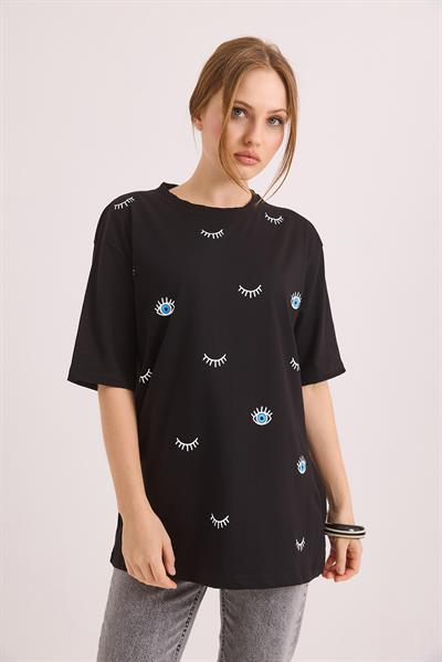 Göz Baskılı Oversize Pamuk Süprem Tshirt Siyah