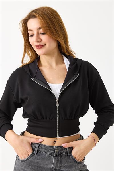 Kapişonlu Fermuarlı Modal Sweat Hırka Siyah