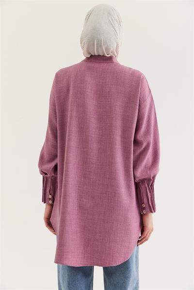 Keten Kumaş Kol Nervül Detaylı Gömlek Tunik Gül Kurusu