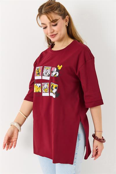 Kadın Yanı Yırtmaçlı Oversize Basic Tshirt Bordo