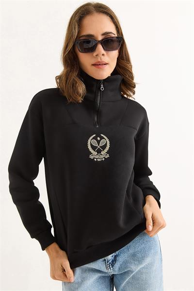 Kadın Dik Yaka Fermuarlı Roket Baskılı Sweatshirt Siyah