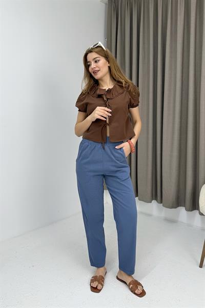 Kadın Kanvas Cepli Mom Pantolon Mavi