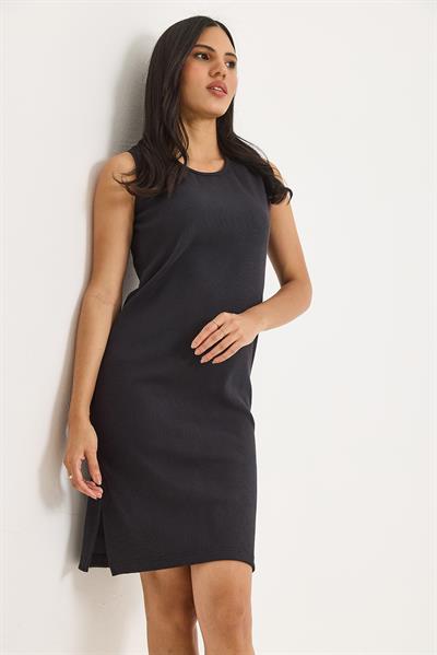 Sıfır Kol Kaşkorse Yırtmaçlı Midi Elbise Siyah