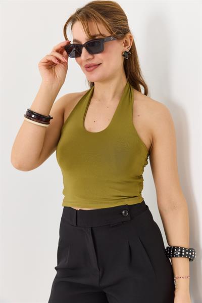 Kadın Boyundan Askılı  Crop Bluz Yeşil