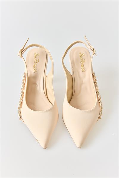 Kadın Sling-Back Yanı Zincir Detaylı Sivri Burun Stiletto Krem