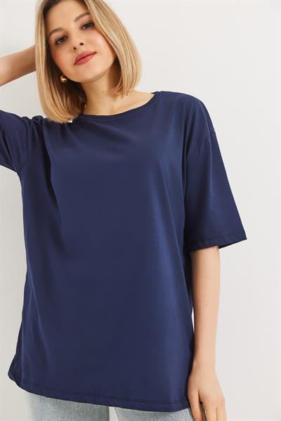 Oversize Bisiklet Yaka Basic Tshirt Lacivert
