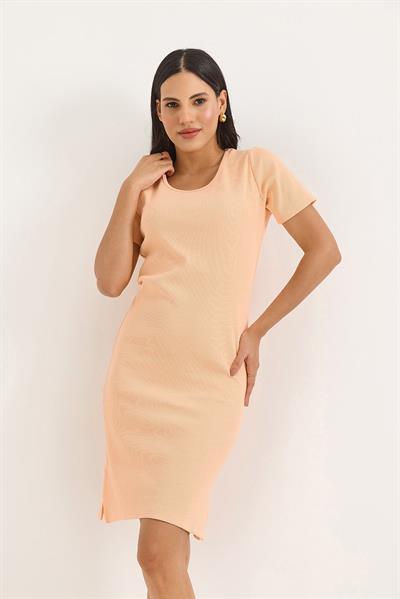 Kısa Kol Bisiklet Yaka Yırtmaç Detaylı Midi Elbise Pudra