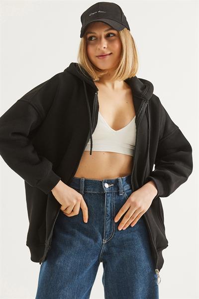 Kapüşonlu Fermuarlı Cepli Oversize Şardonlu Sweatshirt Siyah