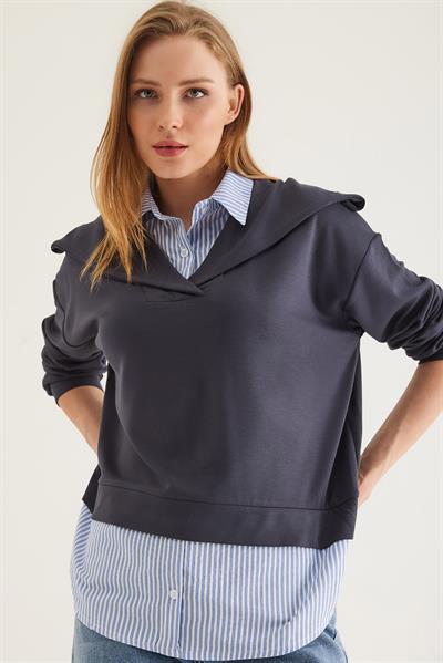 Modal Kumaş Gömlek Garnili Tunik Füme