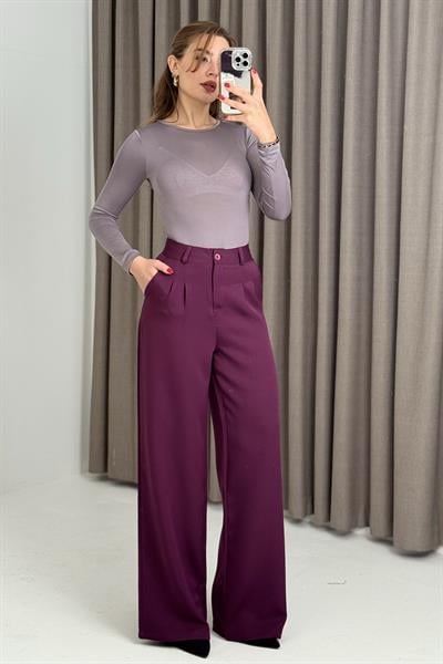 Yüksek Bel Bol Paça Kumaş Pantalon Mor