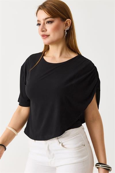 Kadın Sandy Pelerinli Yarım Kollu  Bluz Siyah