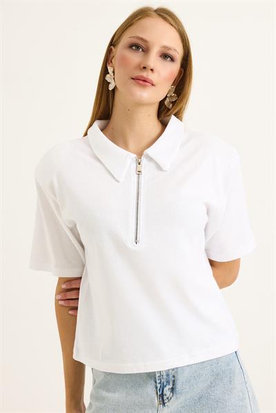 Polo Yaka Yarı Fermuarlı  Kadın Tshirt Beyaz