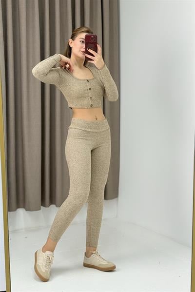 Kadın Düğmeli Crop Tayt İkili Fitilli Takım Vizon