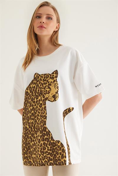Baskılı Oversize Kısa Kol Tshirt Beyaz
