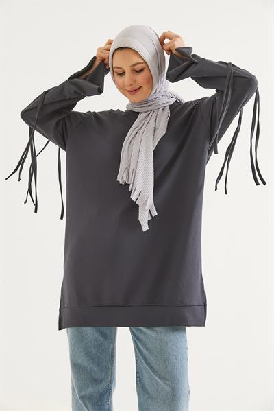 Kolları Bağcık Detaylı Tunik Füme