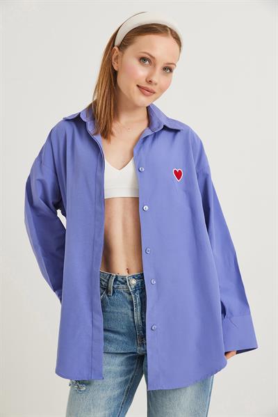Kalp Nakışlı  Oversize Basic Gömlek Mor