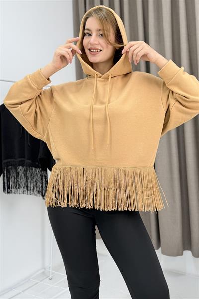 Kadın İp Saçaklı Kapuşonlu Sweatshirt Vizon