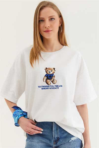 Bisiklet Yaka Oversize T-Shirt Beyaz