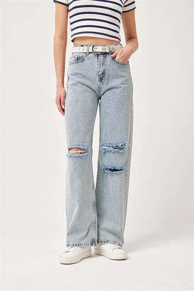 Yüksek Bel Bol Kesim Yırtık Detay Jean Mavi