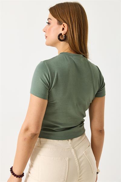 Kadın Bisiklet Yaka Düz Crop Bluz Yeşil