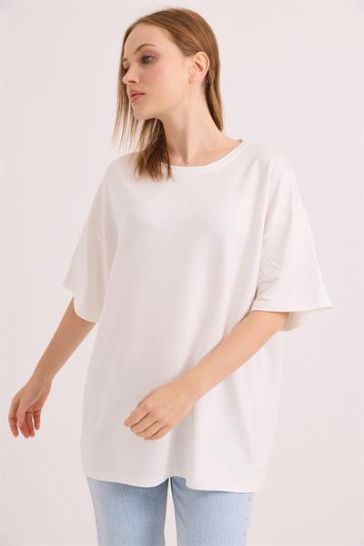 Oversize Yumuşak Dokulu Salaş T-Shirt Ekru