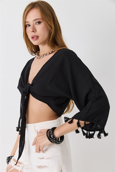 Kadın Kolları İp Detaylı Bağlamalı Crop Bluz Ayrobin Keten Siyah