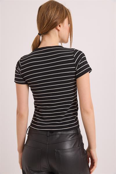 Kısa Kol Likralı Kompak Çizgili Tshirt Siyah
