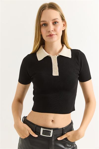 Polo Yaka Düğmeli Crop Bluz Siyah
