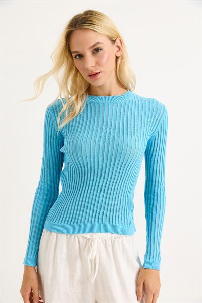 Bisiklet Yaka Triko Örme Bluz Mavi