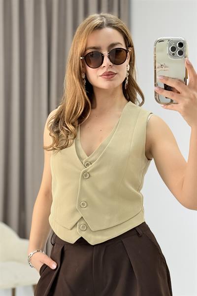 Kadın İkili Model Düğmeli Crop Kumaş Yelek Vizon