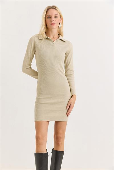 Kadın Polo Yaka Mini Elbise Bej