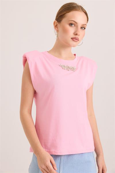 Omuz Vatkalı Şık Aksesuar Detaylı Pamuk Örme Tshirt Pembe