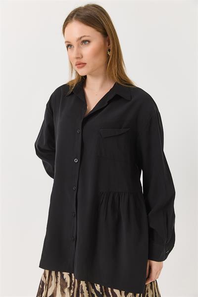 Siyah Oversize Eteği Fırfırlı  Düğmeli Yumuşak Dokulu Tunik Gömlek