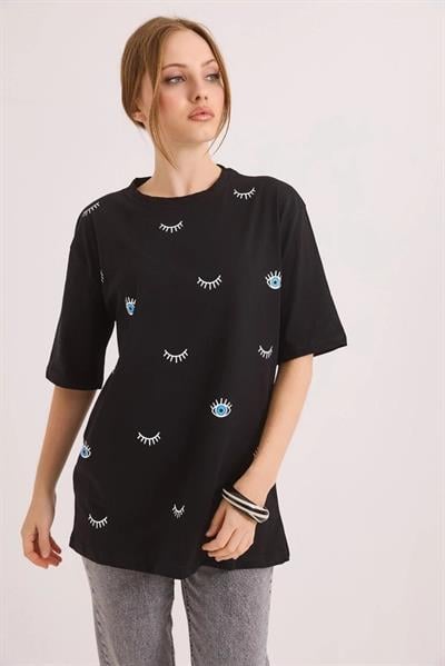 Kadın Bisiklet Yaka Göz Baskılı Oversize Tshirt Siyah