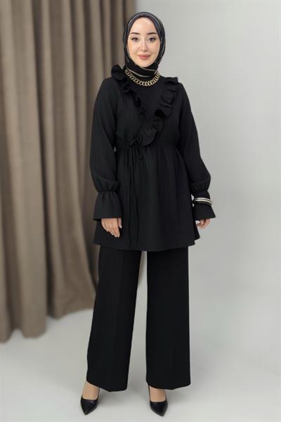 Kadın Yakası Fırfırlı Yandan Bağlamalı Krinkıl Kimono Siyah