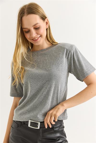 Vatkalı Bisiklet Yaka Basic Tshirt Gri