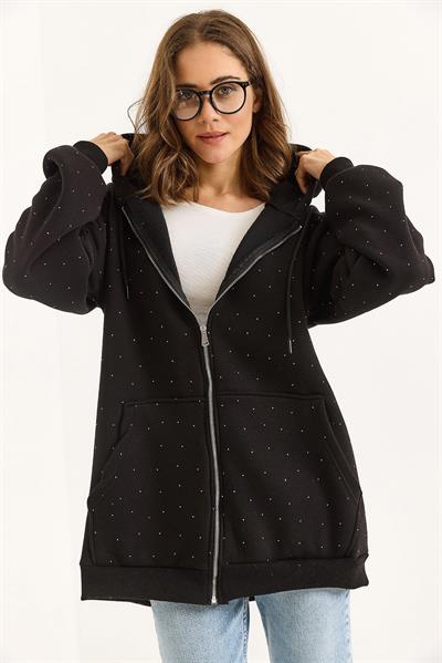 Kadın Taş Detaylı Üç İplik Oversize Kanguru Cep Sweat Hırka Siyah