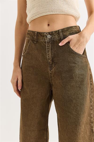 Kadın Bol Paça Kot Pantalon  Kahverengi