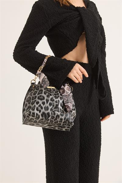 Şallı Mini El ve Omuz Çantası Beyaz Leopar