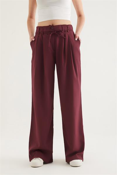 Kendinden Kemerli Cepli Bol Pantolon Bordo