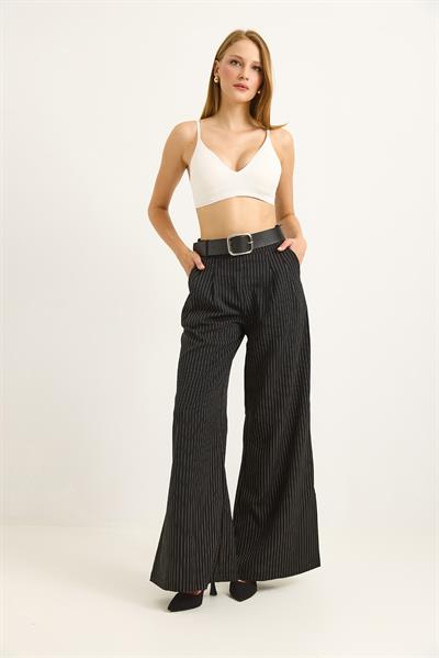 Keten Karışımlı Palazzo Pantolon Siyah