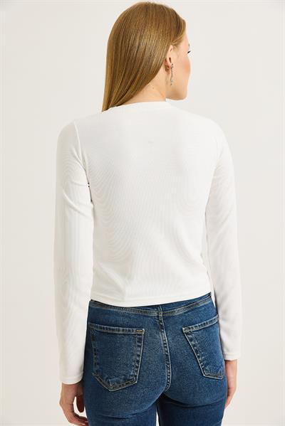 Kadın Ottoman Bisiklet Yaka Taşlı Bluz Beyaz