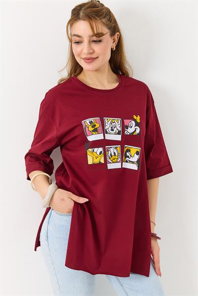 Kadın Yanı Yırtmaçlı Oversize Basic Tshirt Bordo