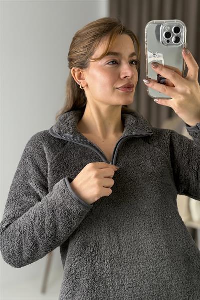 Kadın Yarım Fermuarlı  Welsoft Peluş Antrasit Sweatshirt 