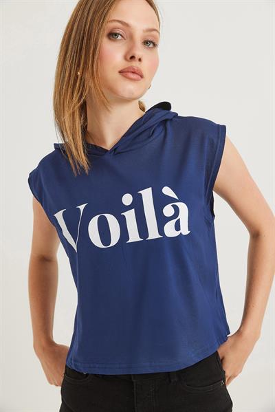 Kapüşonlu Sıfır Kol Baskılı Tshirt Lacivert