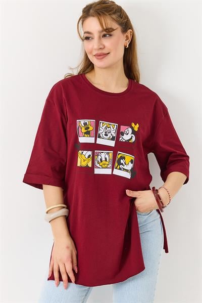 Kadın Yanı Yırtmaçlı Oversize Basic Tshirt Bordo